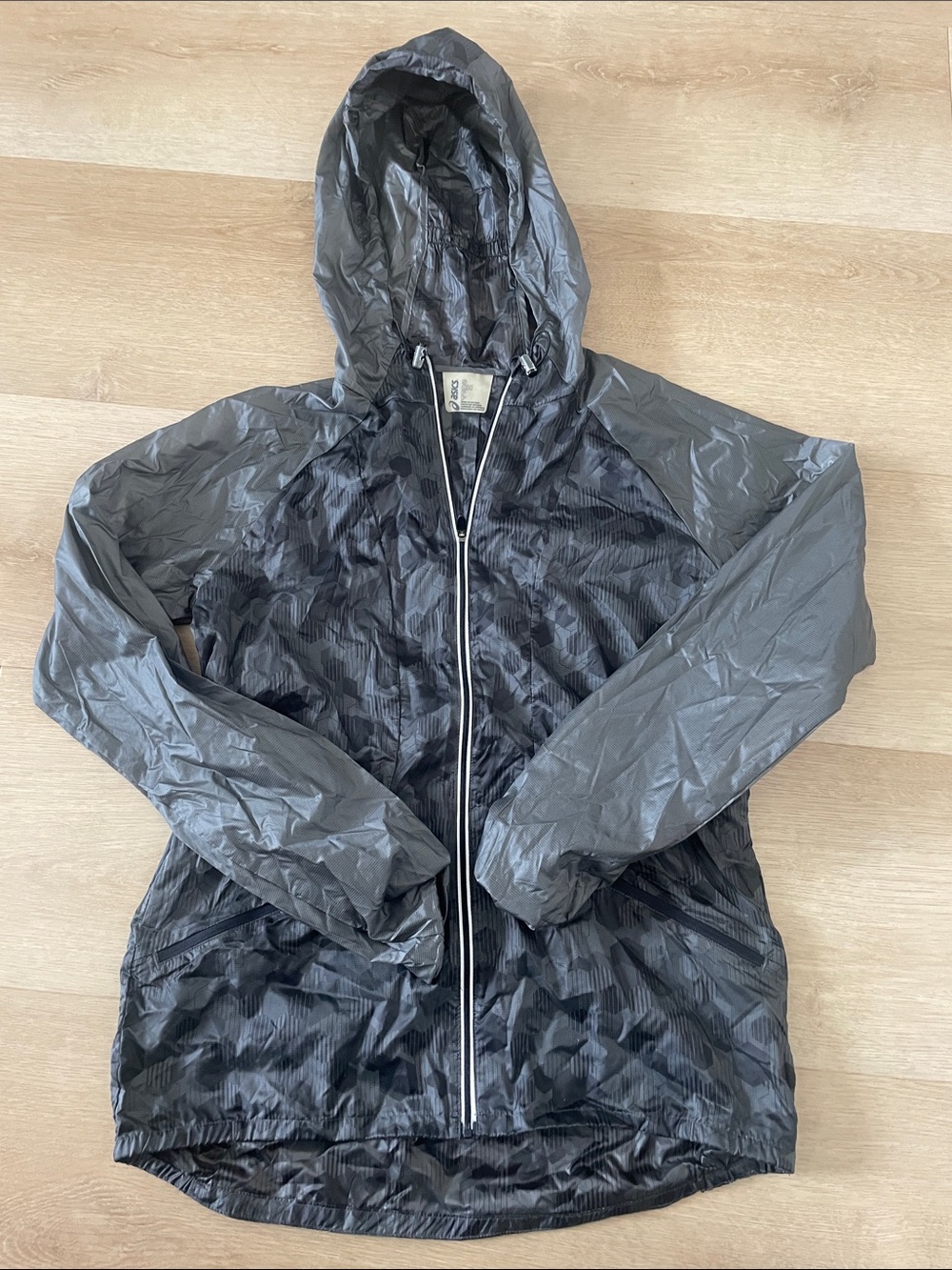 Asics Gray Hooded Packable Windbreaker